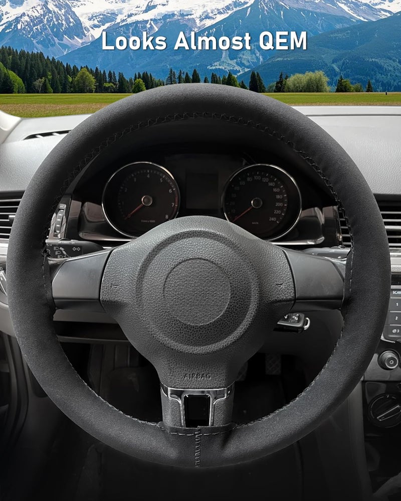 BELINOUS Suede Steering Wheel Leather Wrap (Size M4, Black) - Image 4